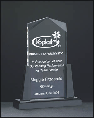 Acrylic obelisk - A658 - Clear Acrylic Obelisk on black acrylic base.  Avail. in 3 sizes