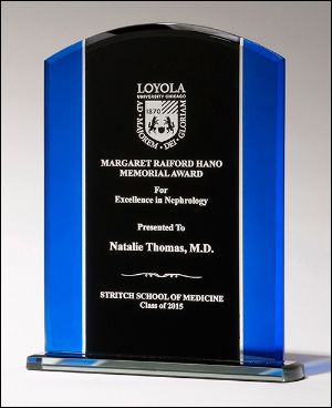Blue Glass Award G2657 - Clear glass with blue and black silk screened upright,black screened base with felt bottom