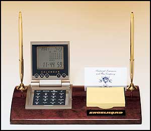 506 - piano-finish desk organizer with 2 pens, calculator,alarm clock, calendar, post-it holder and business card slot