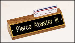535 - Desk wedge and business card holder.  Black plate gold lettering