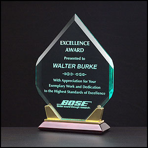 A650 - Jade acrylic award on a rosewood stained piano finish base with gold metal accents. Avail. in 3 sizes.