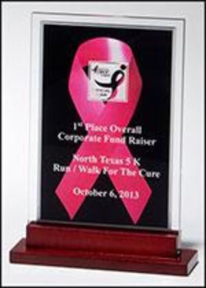 Acrylic Award 6945 - Breast Cancer Awareness Pink ribbon against a black background with silver mirror border 3/8" thick clear acrylic