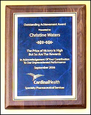 Walnut plaque - p4300 - Walnut stained plaque with either a blue or a black plate, comes in 3 sizes.  Square corners.