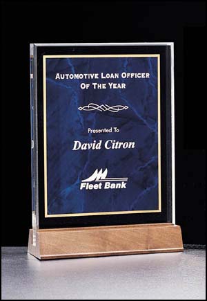 A4 - Polished Acrylic Award with an colored marble center on a solid American walnut base. Choose Blue, Green or Red.