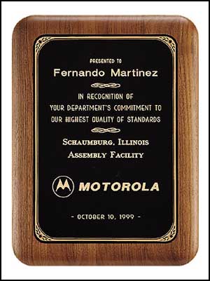 p161 - walnut plaque, black brass plate with printed border.  This plaque comes in 6 sizes: choose 5 X 7 or bigger.