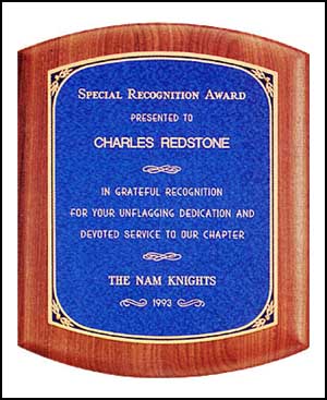 p181 - Solid American Walnut Plaque with Blue linen textured plate.  Available in 3 sizes: choose 7 1/2 in X 8 1/2 in or larger