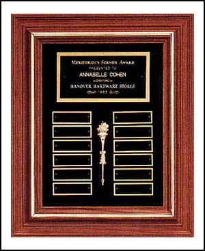 Perpetual Plaques P2551 - Perpetual plaque with 12 plates and a solid American walnut frame on black velour background. 13 X 16 in.