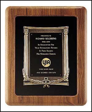 p2984 - Solid American walnut plaque with an antique bronze casting on black velour background.