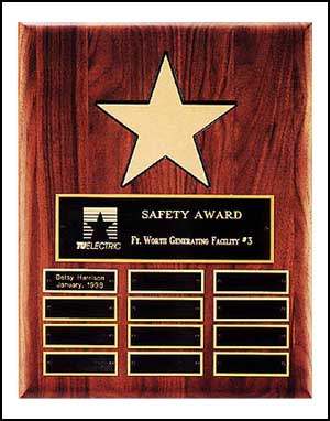 p3336 - Solid American walnut perpetual plaque with 12 plates, black recessed area and gold aluminum star.