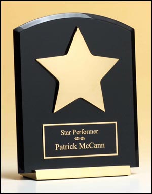 Star Plaque P3987 - Desktop award featuring a black acrylic upright with gold metal base and Gold Electroplated Star.