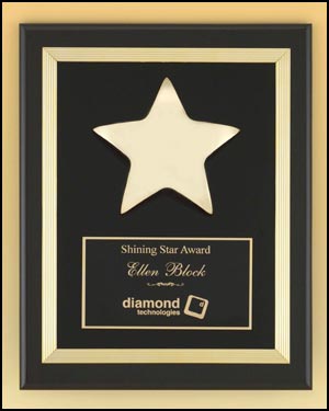 Star Acrylic Plaque - P3988 - Black acrylic plaque with bright gold metal trim and Gold Electroplated Star.
7-3/4 x 10 in.