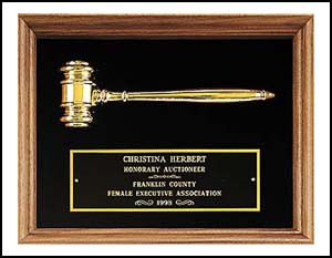gavel plaque pg2440 - Metal Gavel, gold electroplate in American walnut plaque. 10 X 13 in.
