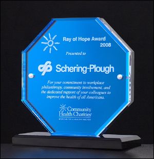 Acrylic Award 6700* - Octagon series featuring blue mirror upright and base with clear acrylic front 5/8" thick clear acrylic