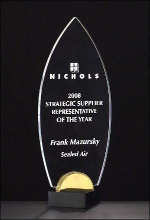 Acrylic Award A6810 - Flame series clear acrylic on black and gold metal base 3/8" thick clear acrylic