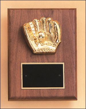 base ball glove plaque - Solid American Walnut wood plaque with metal glove, engravable brass.