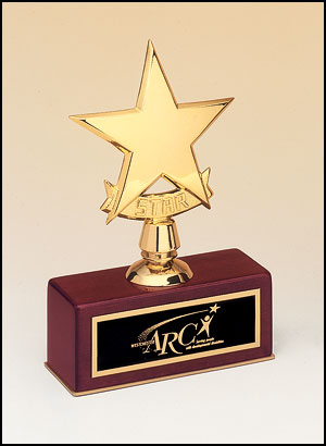 Star Award - 108 - Polished metal goldtone star casting on rosewood stained piano finish base.