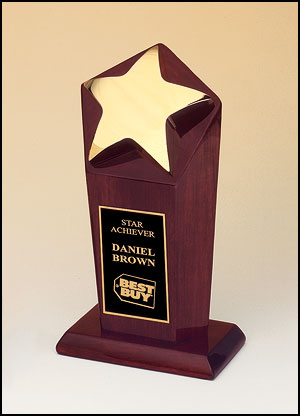 Gold Star Tower trophy - Polished metal goldtone star casting on rosewood stained piano finish base.