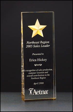Acrylic Award A6595 - Constellation series - etched star with gold paint-fill and mirrored bottom, clear acrylic tapered from 1-1/8" to 7/16"