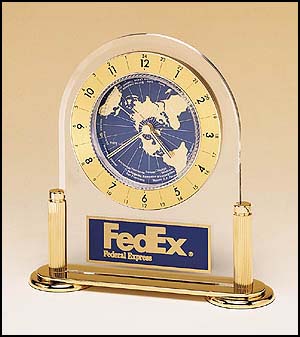 bc850 - World time desk clock with blue and gold engraving plate