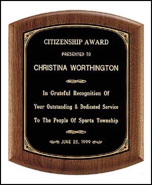 p180 - Solid American walnut plaque, black plate with gold border.  Available in 4 sizes: choose 7 1/2 in x 8 1/2 in or larger.