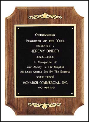 p247 - Furniture-Finish American Walnut Plaque With Solid Black Brass Plate.  Choose either 9X12 or 11X15.