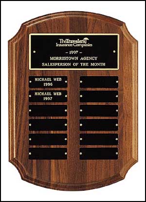 Perpetual Plaque p2541 - Solid American walnut perpetual plaque with 12 plates. 11 X 15 in.