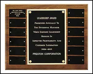Perpetual Plaques p2989 - Solid American walnut perpetual plaque with 12 black brass plates. 12 X 15 in.