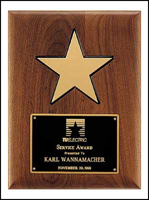 p3328 - Solid American walnut plaque with black recessed area and gold aluminum star. Choose size 12X15 or 9X12
