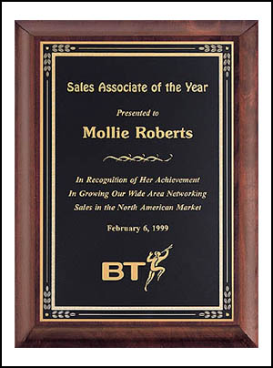 p353 - Cherry Plaque - Cherry finish wood, hand rubbed for a deep furniture finish with a black and gold florentine plate.  Choose 7 in X 9 in or larger.