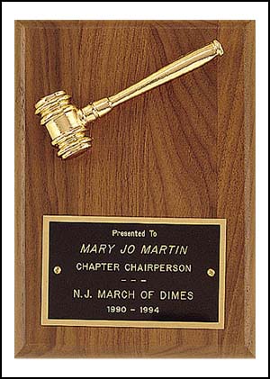 Gavel Plaque pg2780 - Metal Gavel, Goldtone, 5X7 in board.  Perfect gift for a newly appointed judge!
